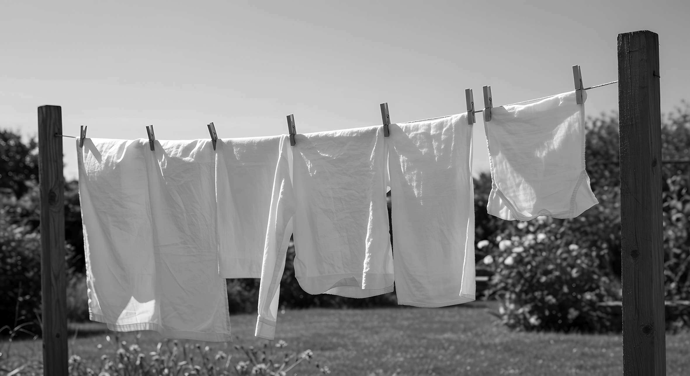 Crisp White Laundry Drying on Clothesline in Sunny Garden Settin