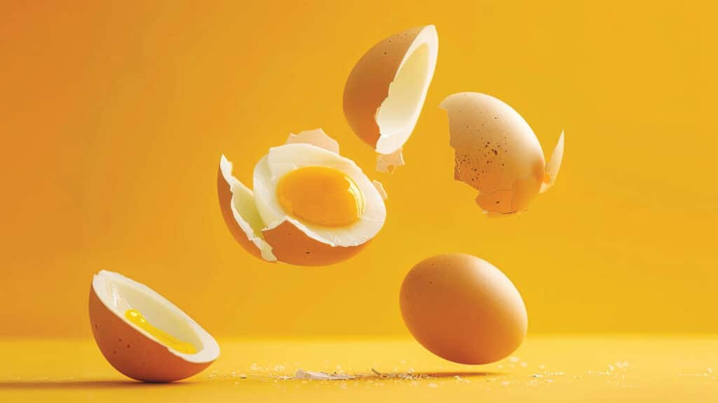 Œufs entiers et cassés illustrant les bienfaits de l'œuf pour la santé, la vitalité, l'immunité et l'alimentation équilibrée