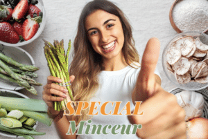 Femme souriante tenant des asperges illustrant des astuces minceur naturelles pour perdre du poids et retrouver la ligne