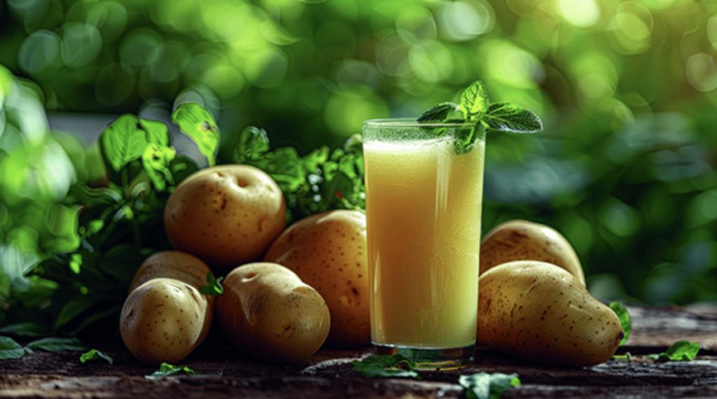 Verre de jus de pomme de terre frais entouré de pommes de terre illustrant ses bienfaits naturels pour la santé
