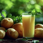 Verre de jus de pomme de terre frais entouré de pommes de terre illustrant ses bienfaits naturels pour la santé